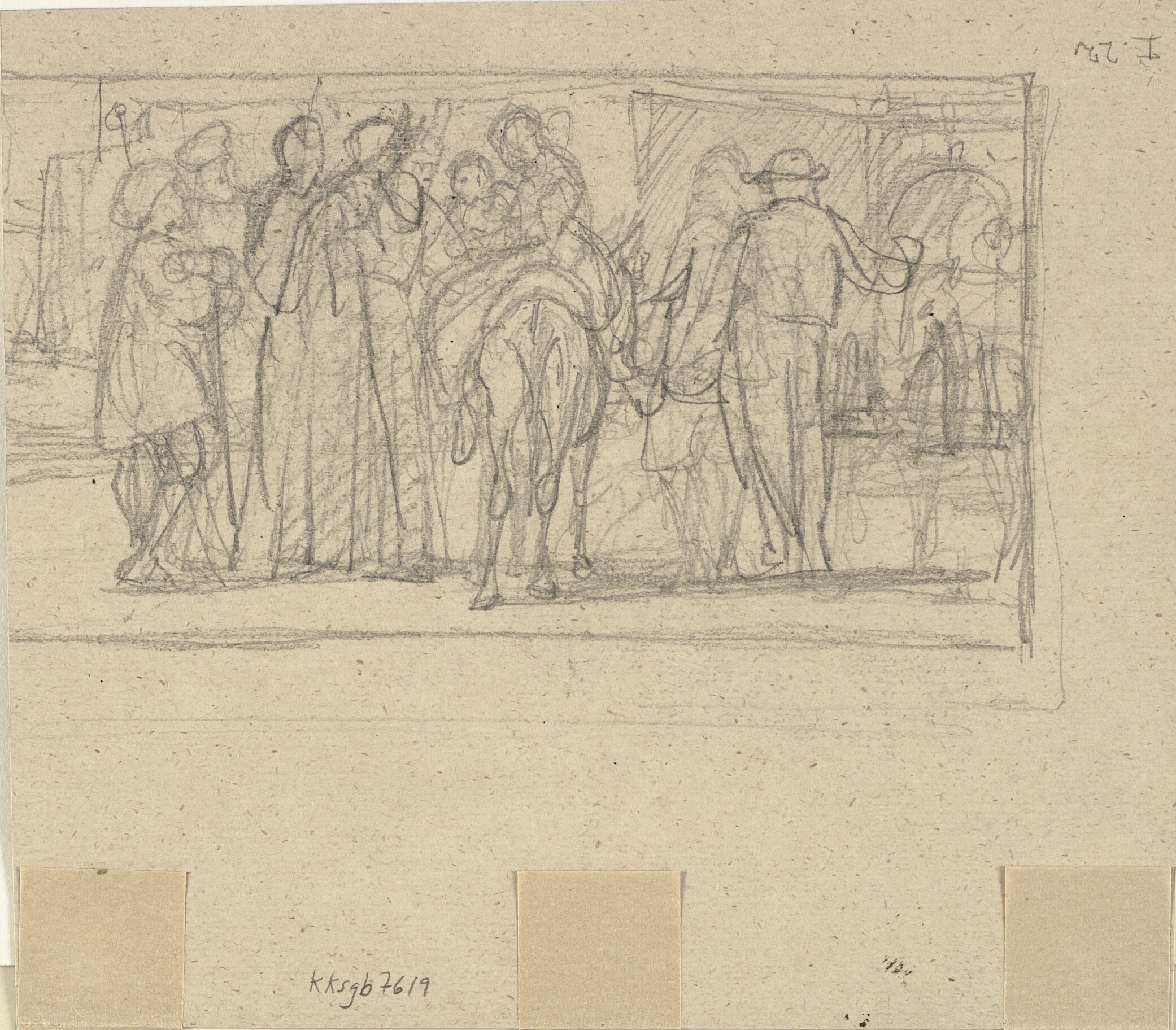 Rygvendte figurer, en til hest (Den Hellige Familie?)